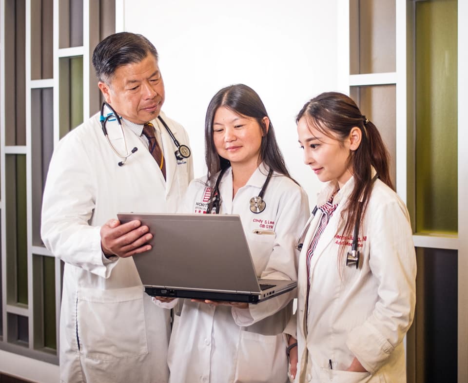 Doctors looking at laptop